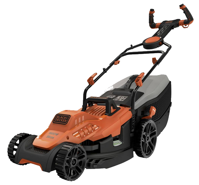 Ein orange-schwarzer BLACK+DECKER Elektro-Rasenmäher mit grauem Grasfangsack, großen Rädern und verstellbarem Führungsholm, dargestellt auf weißem Hintergrund.