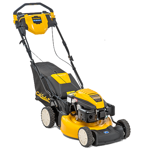 Ein gelb-schwarzer, gasbetriebener Rasenmäher mit einem hinten angebrachten Grasfangsack, vier Rädern und einer Lenkstange zum Schieben.