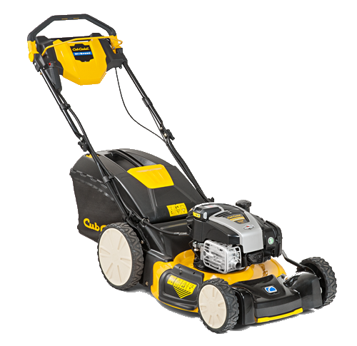 Ein gelber und schwarzer selbstfahrender Cub Cadet-Gasrasenmäher mit großen Hinterrädern, einem Lenker und einem hinten angebrachten Grasfangsack, dargestellt auf einem weißen Hintergrund.