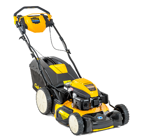 Ein gelber und schwarzer Schubrasenmäher mit großen Hinterrädern, einem Grasfangsack und einem Lenker, dargestellt auf weißem Hintergrund.