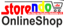 Logo für storendo OnlineShop. Das Wort store ist in rot, ndo in blau, gelb und grün, mit einem Einkaufswagen-Symbol. Darunter steht der Text ein Shop von Kaufhaus Heitmueller e.K. e.K.