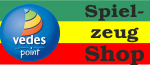 Auf der linken Seite befindet sich ein blaues Logo mit dem Wort vedes und bunten geschwungenen Streifen. Auf der rechten Seite steht Spielzeug Shop in großer schwarzer Schrift über grünen, gelben und roten Querstreifen.